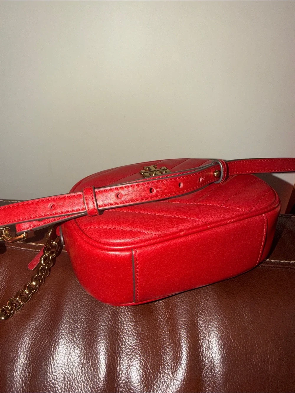 ‼️Tory Burch Kira Chevron Red Leather Camera Crossbody Bag